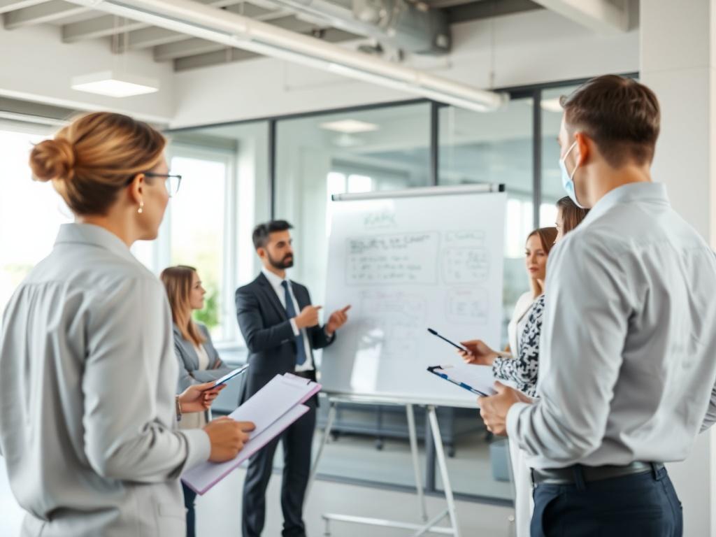 An image depicting a corporate training session in progress, with a trainer engaging a group of attentive employees. The trainer is using a whiteboard to illustrate key points, while participants are actively taking notes. The room is bright and modern, filled with natural light, creating an inspiring atmosphere for learning. The focus is on the interaction between the trainer and the participants, emphasizing collaboration and knowledge sharing.