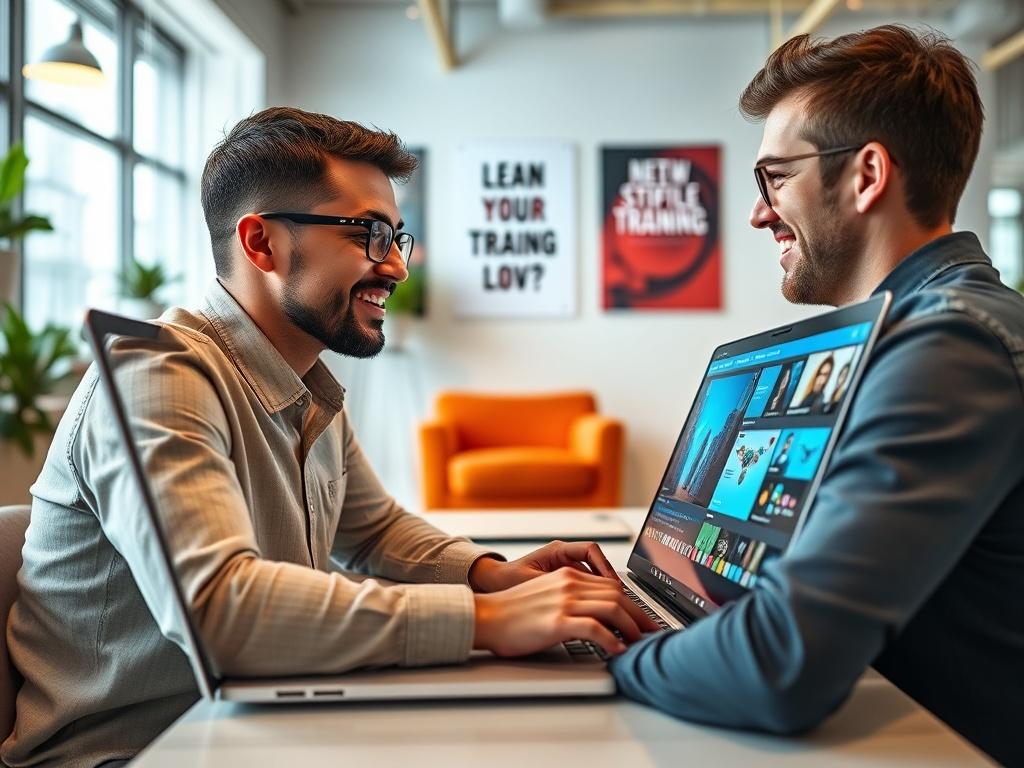 An employee engaged in a video training session on a laptop in a bright, modern office space. The screen displays vibrant visuals related to training content, while the subject shows enthusiasm and focus. The background includes motivational posters and a comfortable workspace, highlighting a culture of learning and development.