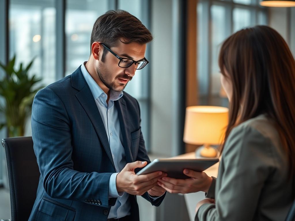 A consultant engaging with a client in a professional office setting, using a digital tablet to present data and insights. The environment is modern and collaborative, with charts and graphs visible on the tablet screen. The consultant and client share a focused discussion, emphasizing collaboration and strategic planning.