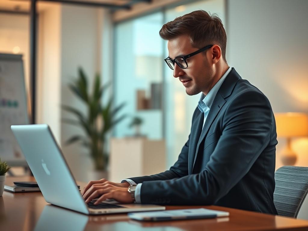 A focused professional in a modern office environment, reviewing candidate profiles on a laptop. The background features a sleek desk with minimalistic decor, emphasizing a professional atmosphere. The subject displays concentration and engagement, showcasing the recruitment process. The image uses warm tones and soft lighting to evoke a welcoming yet professional vibe.