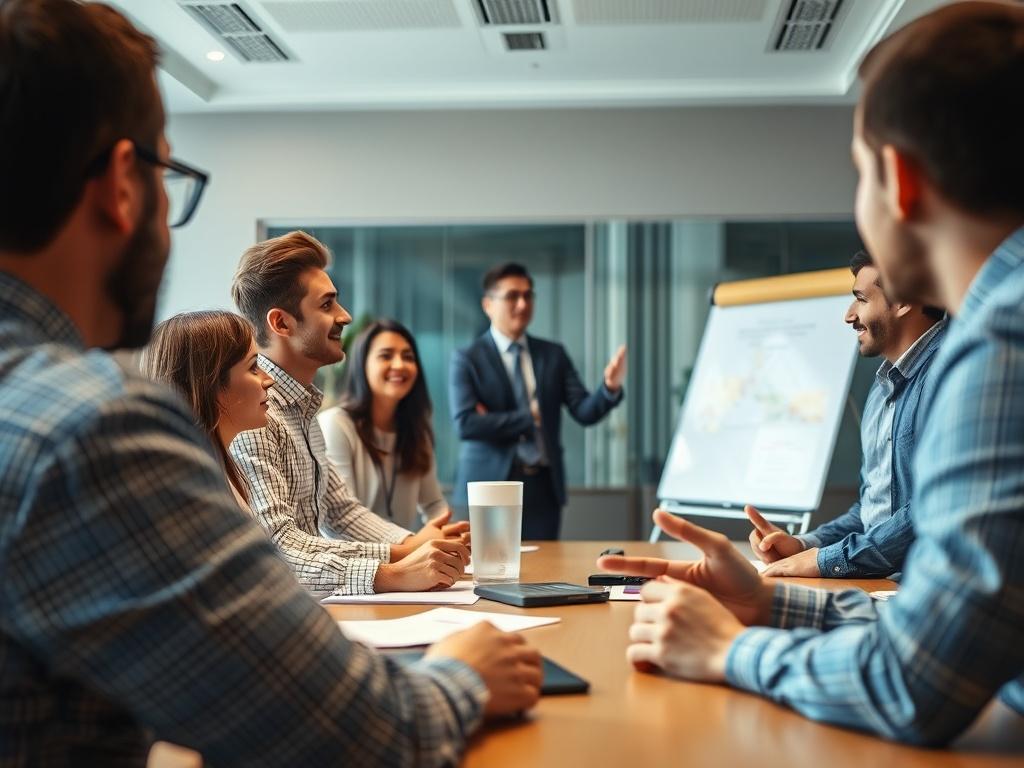 A dynamic corporate training session in progress, with a diverse group of professionals engaged in discussion. A trainer is presenting at the front of the room, using a whiteboard and visual aids. The atmosphere is collaborative and energetic, capturing the essence of active learning.