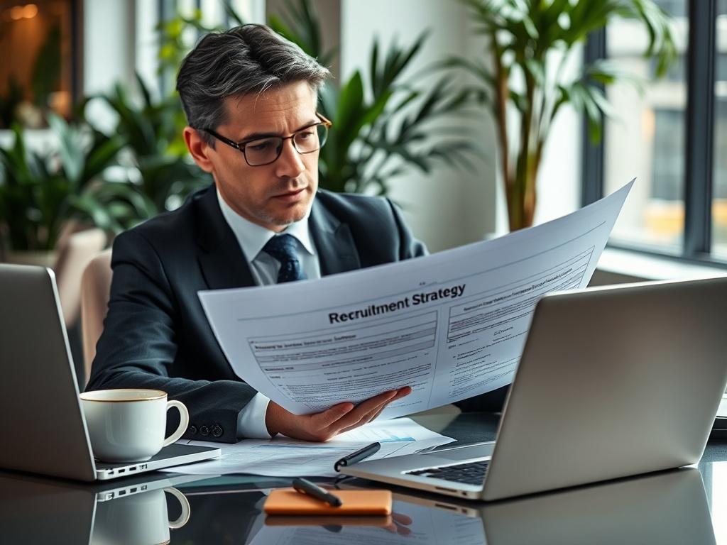 A professional consultant in a suit reviewing a recruitment strategy document at a desk, with a laptop and coffee cup nearby. The background features a modern office environment with plants and natural light. The focus is on the consultant, capturing a moment of intense focus and strategic planning.