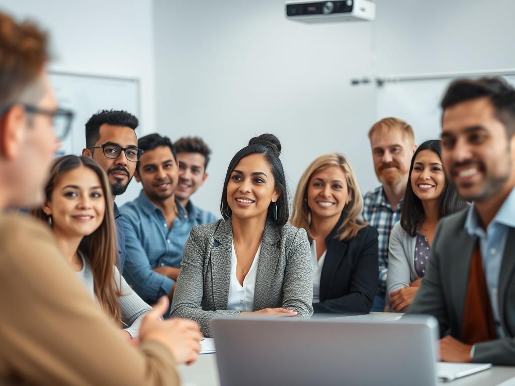 A close-up shot of a diverse group of professionals engaged in a training session, with a trainer presenting in front of them. The setting should be a modern training room with interactive elements, such as a projector and whiteboards. Capture expressions of focus and enthusiasm on participants' faces, highlighting the collaborative learning atmosphere.