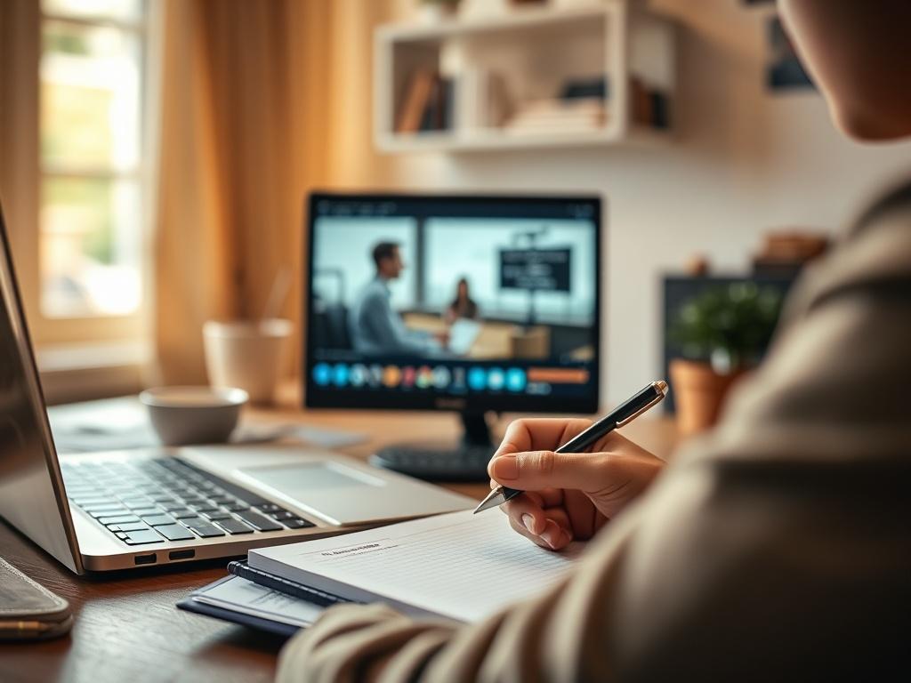 A close-up shot of a person watching a training video on a laptop, with a notebook and pen in hand. The environment should be a cozy home office or a modern workspace, featuring warm lighting and personal touches. Emphasize the connection between the learner and the digital content, showcasing the effectiveness of video training.