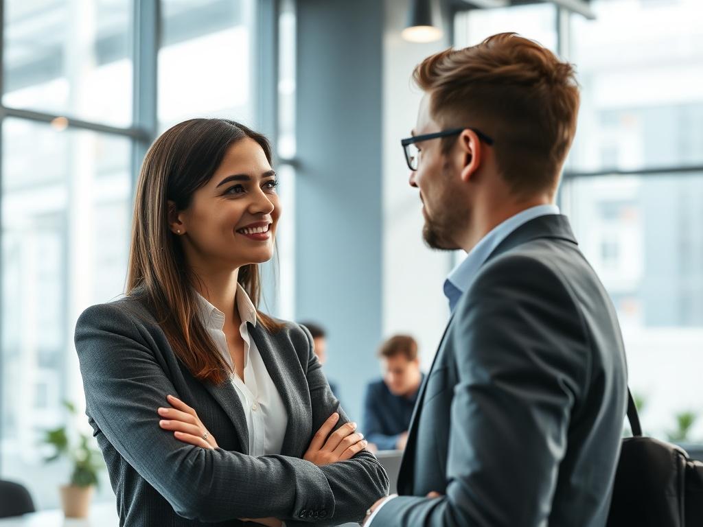 A close-up shot of a professional recruiter discussing with a corporate client in an office setting, showcasing a modern and sophisticated environment. The background should feature a sleek office with a large window, natural light flooding in, and elements that suggest teamwork and professionalism. Capture the interaction and engagement between the two subjects, emphasizing the importance of recruitment in a corporate context.