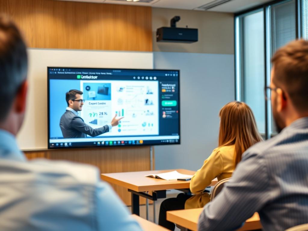 A still image from a training video showing an instructor explaining a concept on a digital screen. The setting should resemble a virtual classroom, with visuals that illustrate key points. The image should evoke a sense of learning and professionalism, with bright colors and clear visuals.