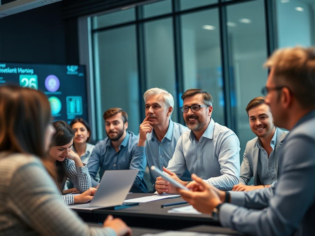 A dynamic training session with employees engaged in a workshop, featuring a knowledgeable trainer at the front. The atmosphere should convey energy and enthusiasm, with participants actively discussing and collaborating. The setting should reflect a modern corporate training room with large screens and interactive materials.