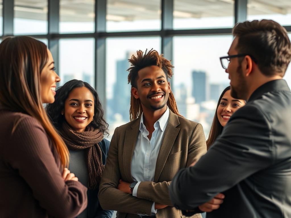 A professional recruiter consulting with a diverse group of candidates in an office setting. The scene should depict a mix of cultures, with a focus on interaction and engagement. The background should be a modern office space with a large window showing a cityscape. The lighting should be bright and welcoming, emphasizing professionalism and collaboration.