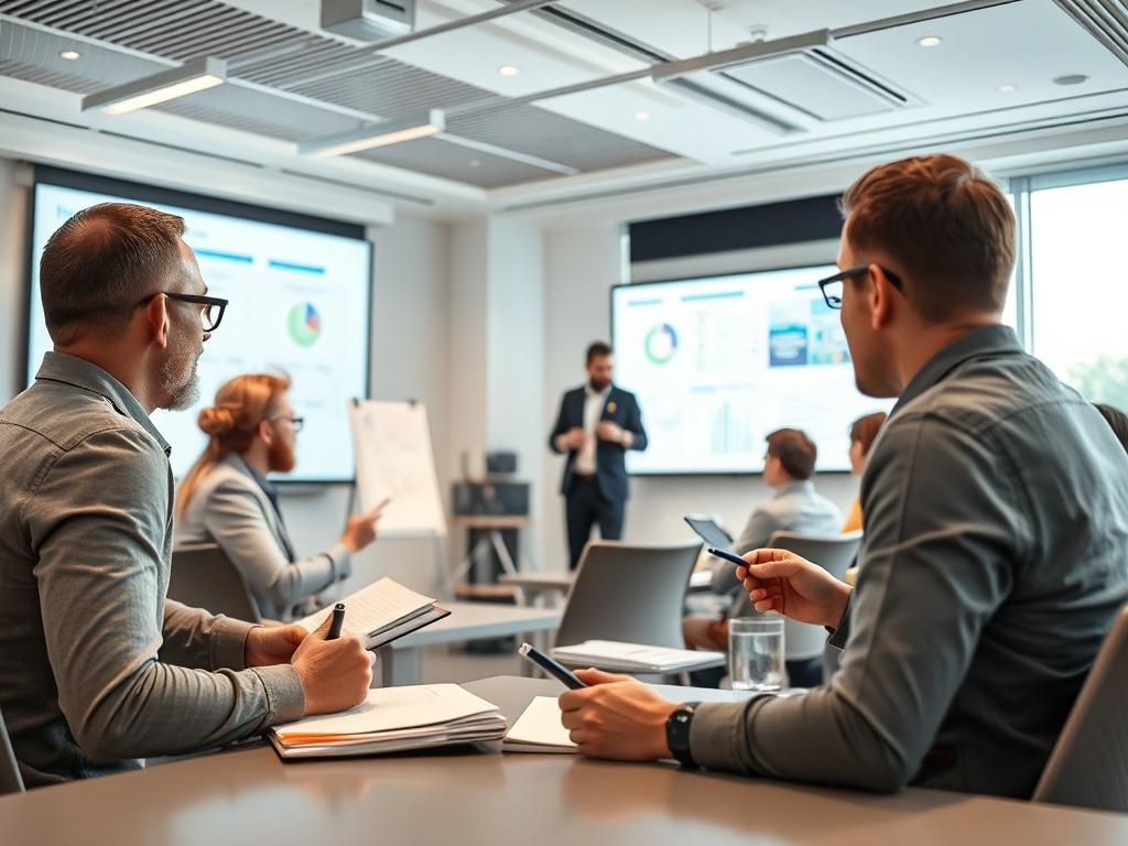 An engaging scene of a corporate training session in progress, with participants actively involved in a workshop led by a dynamic trainer. The setting is bright and modern, featuring a large screen displaying training materials. Participants are taking notes and discussing in small groups, reflecting an atmosphere of collaboration and learning.