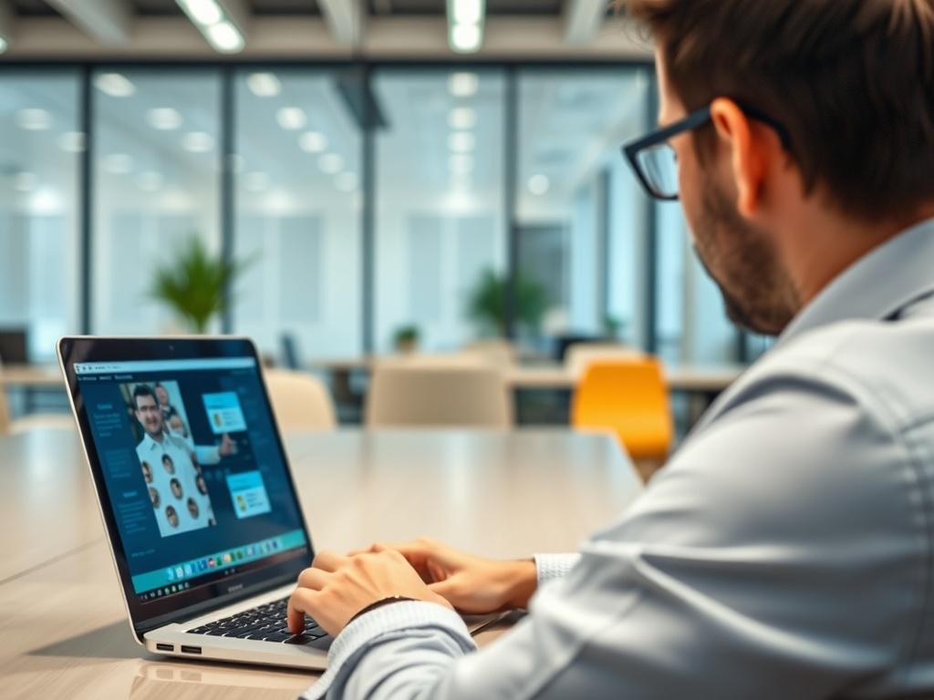 A visually captivating shot of a person watching video training content on a laptop in a modern office environment. The screen displays vivid graphics and informative visuals related to training. The background is clean and professional, showcasing a workspace that promotes learning and development.