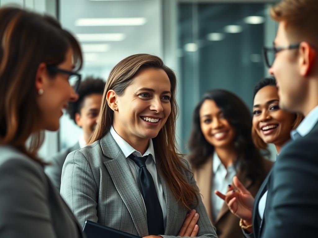 A focused portrait of a professional recruiter engaging with a diverse group of candidates in an office setting, showcasing a modern and corporate environment. The recruiter is smiling and interacting with the candidates, who are dressed in business attire. The background reflects a sleek office design with soft lighting, emphasizing professionalism.