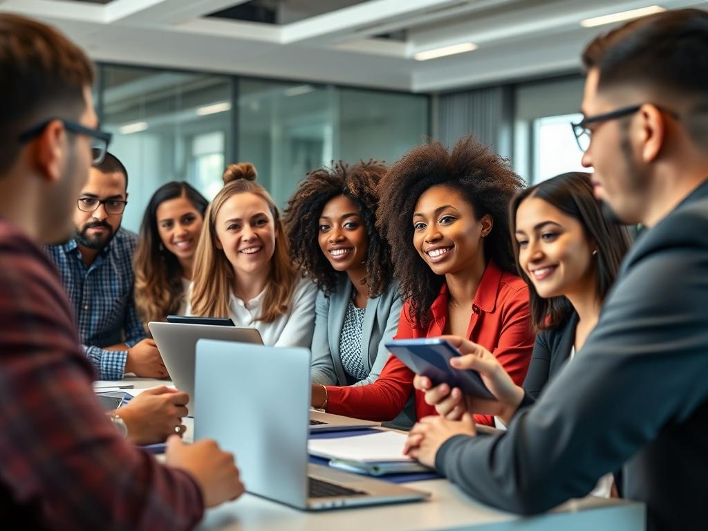 A diverse group of professionals engaged in a dynamic training session, with a facilitator leading a discussion. The environment is vibrant and interactive, with participants using laptops and tablets. The training room is well-lit and modern, fostering a collaborative atmosphere.
