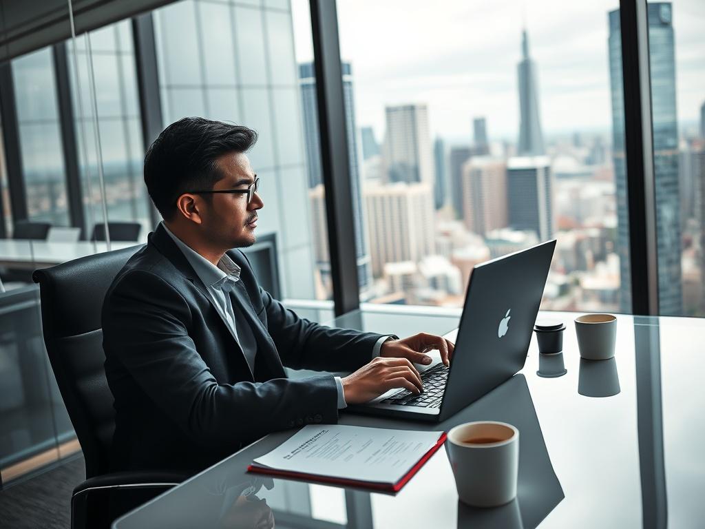 A professional recruiter sitting at a modern desk, reviewing resumes and conducting interviews over a laptop. The setting is a sleek office with glass walls showcasing a bustling cityscape. The recruiter is focused and engaged, dressed in business attire, with notepads and a coffee cup on the desk.