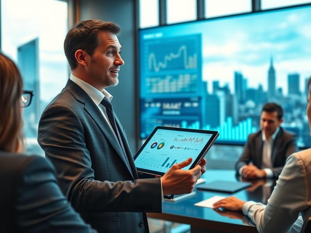 A business consultant presenting strategies on a digital tablet to a group of corporate executives in a modern conference room. The room features a large screen displaying graphs and analytics, with a city skyline visible through the window. The consultant is animated and engaging, dressed in formal attire.
