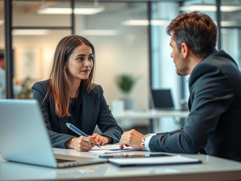 A professional office setting with a close-up of a recruiter discussing with a candidate over a table, showcasing engagement and focus. Soft lighting enhances the atmosphere, with a blurred background of an office environment.