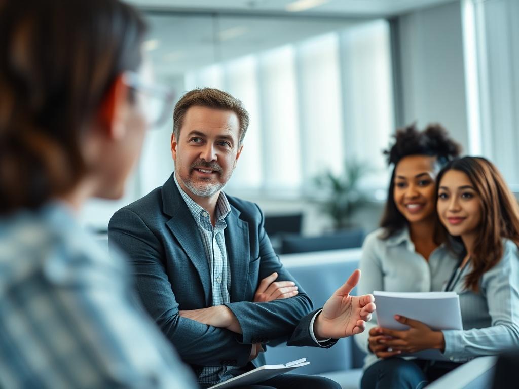 A close-up of a corporate trainer engaging with a group of professionals in a training session, showcasing interactive learning. The setting is bright and professional, with participants actively involved.