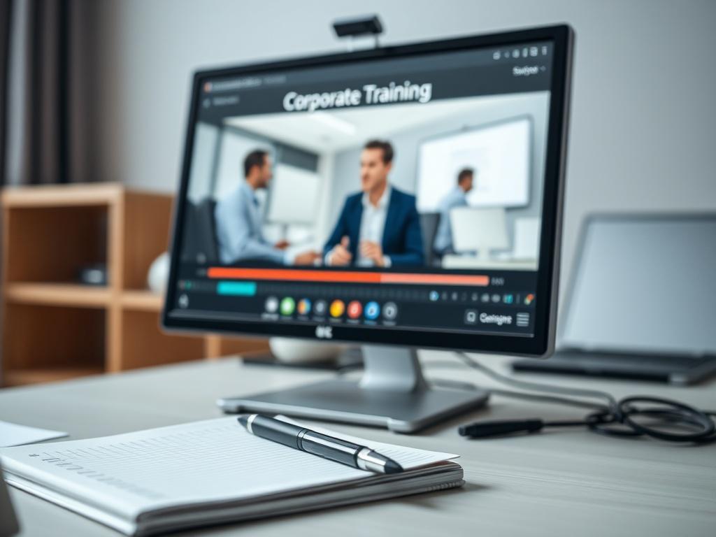 A high-resolution close-up of a computer screen displaying a corporate training video in progress, with a notebook and pen beside it, indicating active learning. The background is softly blurred to maintain focus on the screen.
