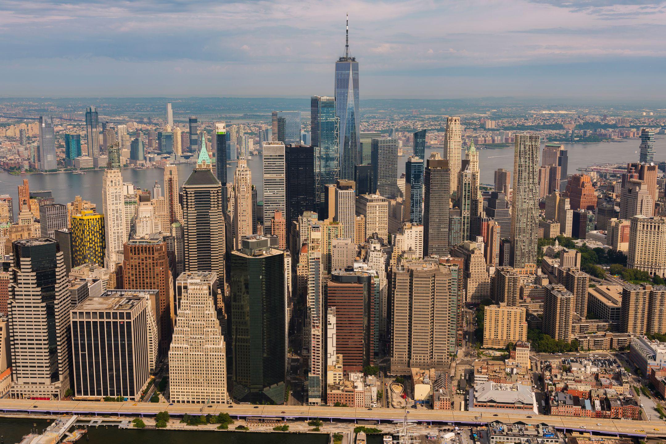Stunning aerial view of New York City skyline featuring the iconic One World Trade Center.