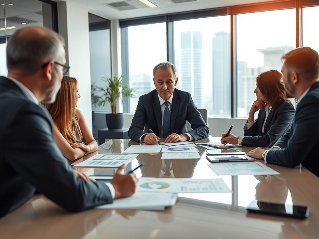 A corporate consultant engaged in a strategic meeting with business executives. The setting is a modern conference room with a large table, charts, and reports displayed. The consultant appears confident and knowledgeable, facilitating discussions among attentive executives. The image conveys a sense of collaboration and strategic planning, highlighting the importance of expert guidance in achieving business goals.