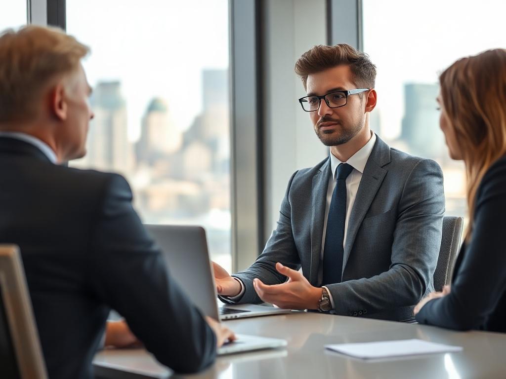 A professional recruiter in a modern office environment, engaged in a conversation with a candidate. The setting features a sleek desk with a laptop, and a window showcasing a city skyline. The recruiter appears confident and attentive, creating a welcoming atmosphere. The image should focus on the interaction between the two individuals, emphasizing professionalism and engagement.