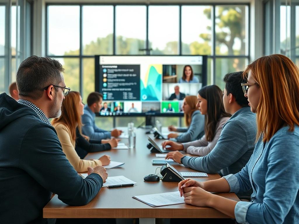 A vibrant video training session in progress, showcasing diverse employees actively participating. The scene features a large screen displaying training content, while employees are seated in a modern training room filled with natural light. The atmosphere is dynamic and engaging, with participants taking notes and interacting with each other, reflecting a collaborative learning environment.