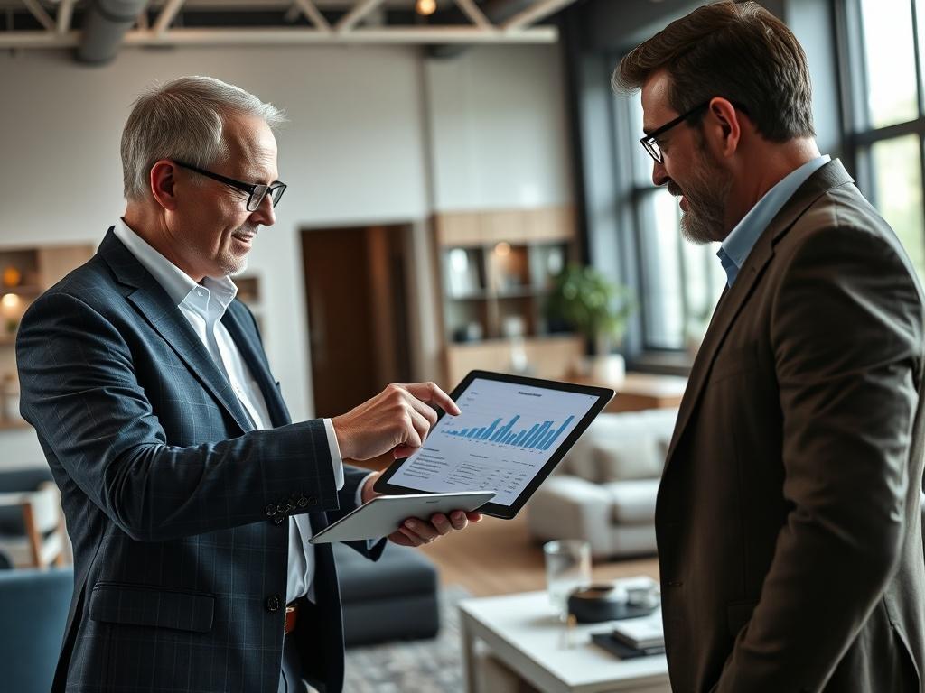 A close-up of a consultant providing one-on-one guidance to a business leader in a spacious office. The consultant is pointing at a chart on a tablet while the leader listens attentively, showcasing a collaborative discussion. The office is well-decorated, reflecting a professional environment.