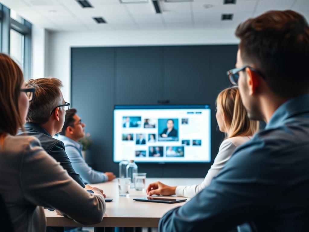 A close-up shot of a high-definition video training session, featuring a diverse group of employees attentively watching a screen in a modern conference room. The screen displays engaging visuals and content, while the atmosphere conveys focus and collaboration. The setting features contemporary design with ample natural light.