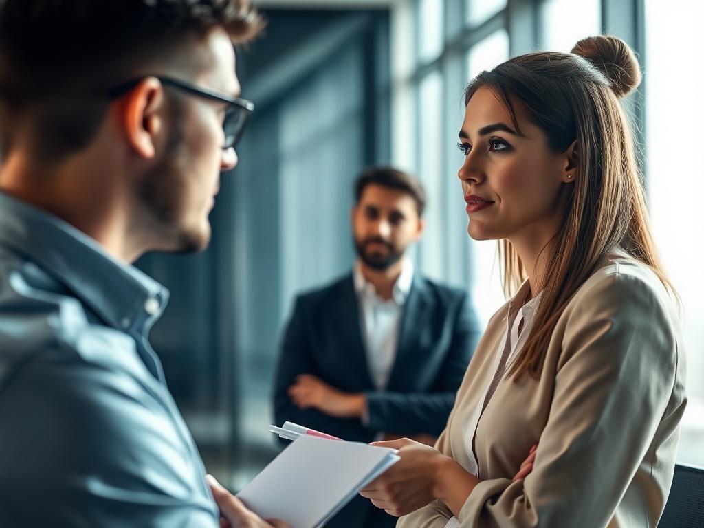 A close-up shot of a professional recruiter engaging in a conversation with a candidate in a modern office setting. The recruiter is focused, with a notepad in hand, while the candidate appears confident and prepared. The background shows a sleek, minimalist office design, emphasizing professionalism and a corporate atmosphere.