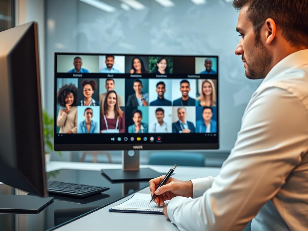 A professional recruiter engaged in a video call with a diverse group of candidates on a computer screen. The setting is a modern office with a sleek desk and a backdrop of a world map, symbolizing global reach. The recruiter is actively taking notes, showcasing professionalism and engagement. The lighting is bright and inviting, highlighting the recruiter’s focused expression.