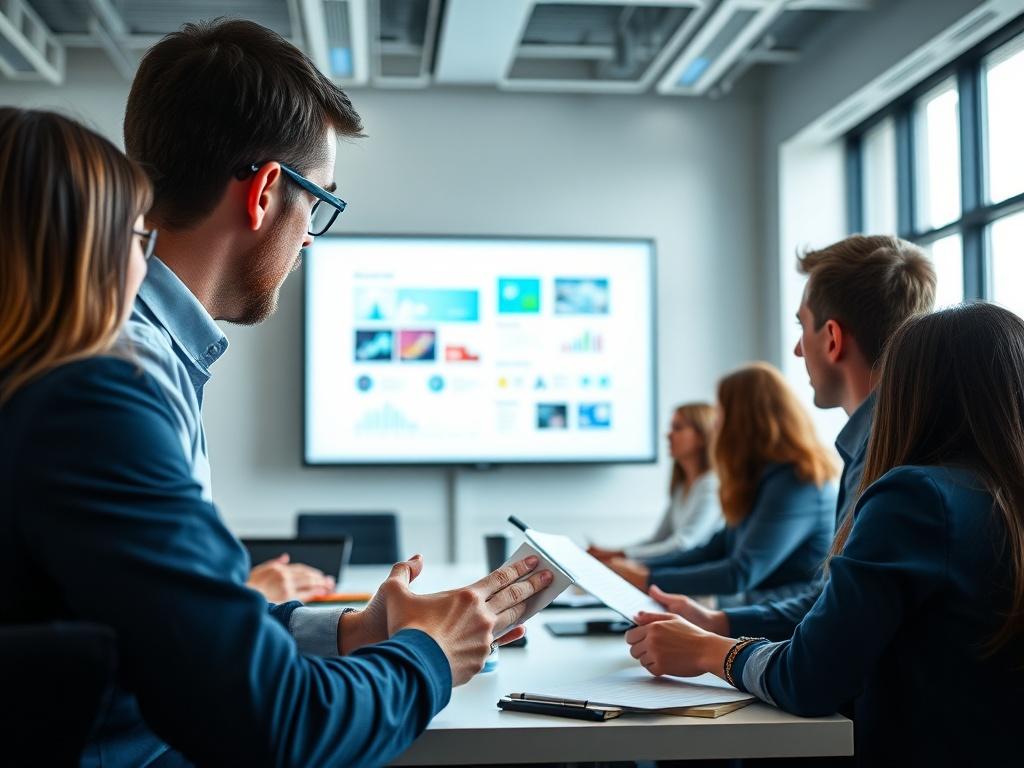 A trainer leading a dynamic workshop with engaged participants in a bright, modern training room. The trainer is using multimedia, with a large screen displaying interactive content. Participants are taking notes and collaborating in small groups, showcasing teamwork and enthusiasm for learning. The atmosphere is vibrant and professional.