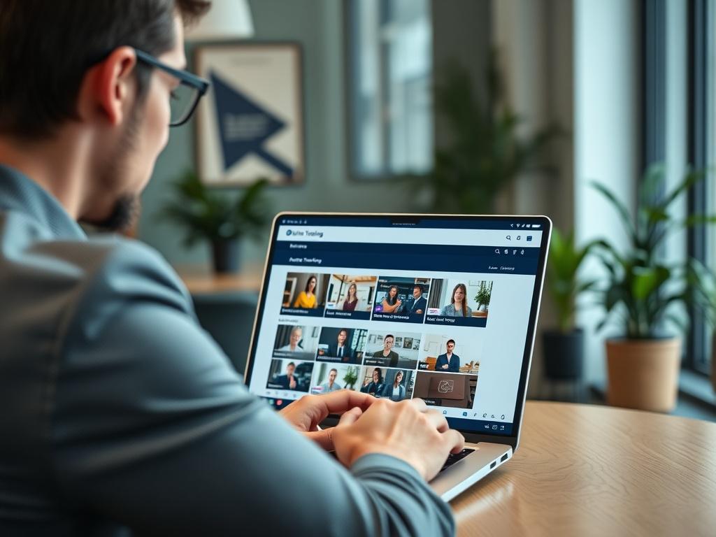 A corporate employee accessing an online training portal on a laptop in a cozy office space. The screen displays a user-friendly interface with various training modules and video content. The employee looks focused and engaged, showcasing the convenience and accessibility of the subscription model.