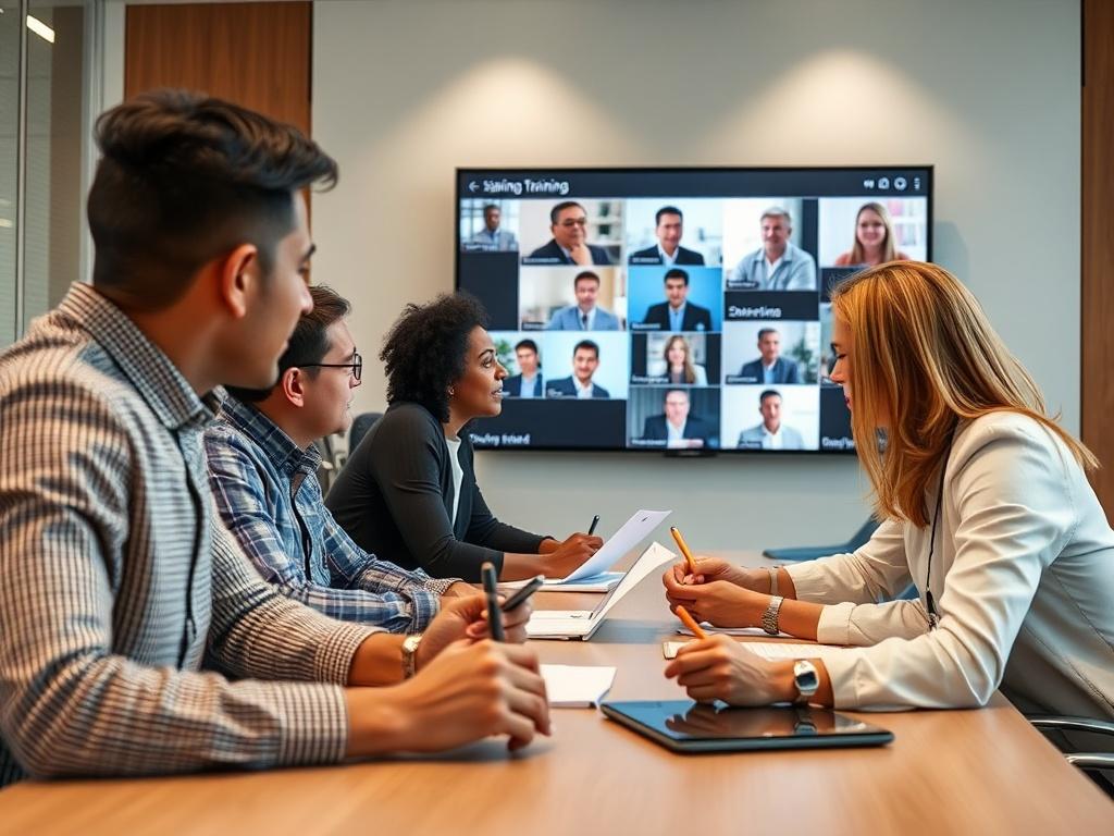A professional corporate training session in action, featuring diverse participants actively engaged in a video-based training program. The setting is modern and well-lit, with a large screen displaying training content in the background. The focus is on the participants, who are seated around a conference table, taking notes and discussing ideas. The image should convey an atmosphere of collaboration and learning, shot in high resolution with a close-up focus on the engaged faces.