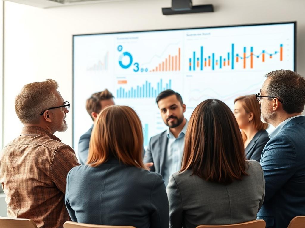 A focused group of corporate leaders engaged in a strategic consulting session, surrounded by charts and graphs on a large presentation screen. The atmosphere is one of intense discussion and collaboration, with participants actively contributing ideas. The image captures a close-up of the team, showing a mix of concentration and enthusiasm as they brainstorm solutions. The setting is bright and professional, reflecting a corporate environment.