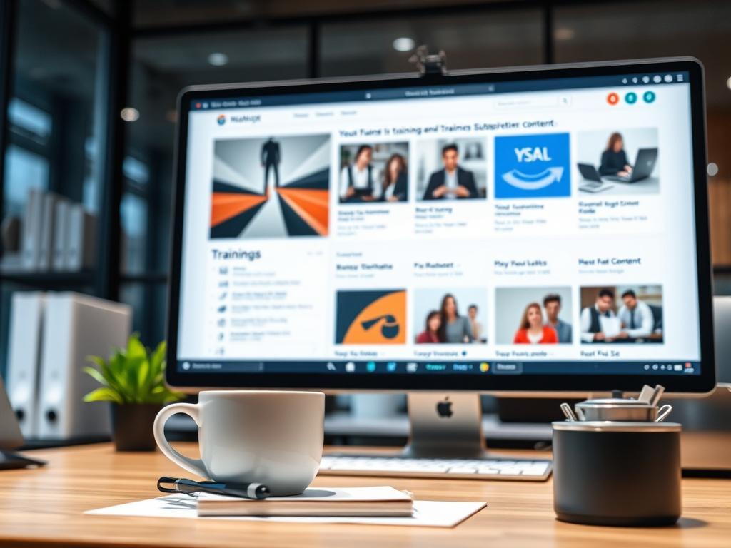 A modern office workspace showcasing a computer screen displaying various training resources and subscription content for employers. The focus is on the computer, with a cup of coffee and a notepad in the foreground, suggesting an environment of productivity and learning. The image should convey a sense of accessibility and readiness for employers to utilize the provided resources.