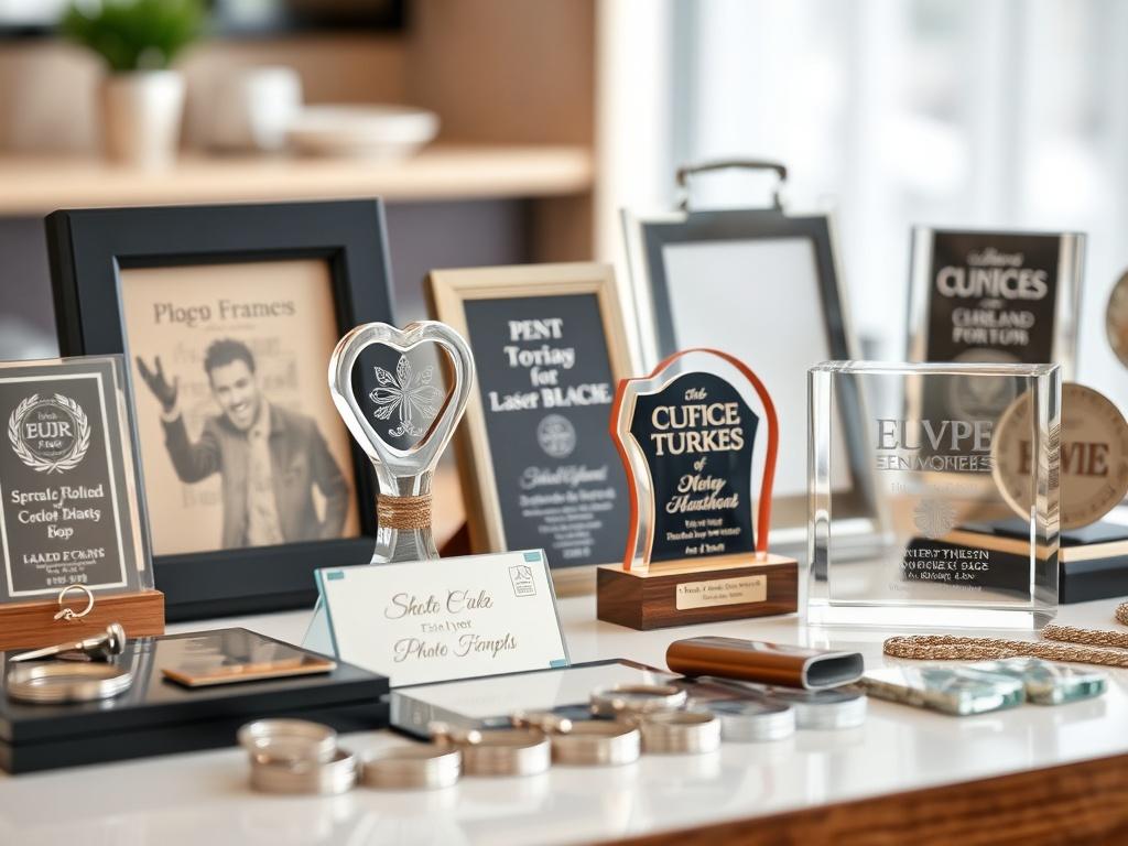 A close up shot of various laser engraved products displayed