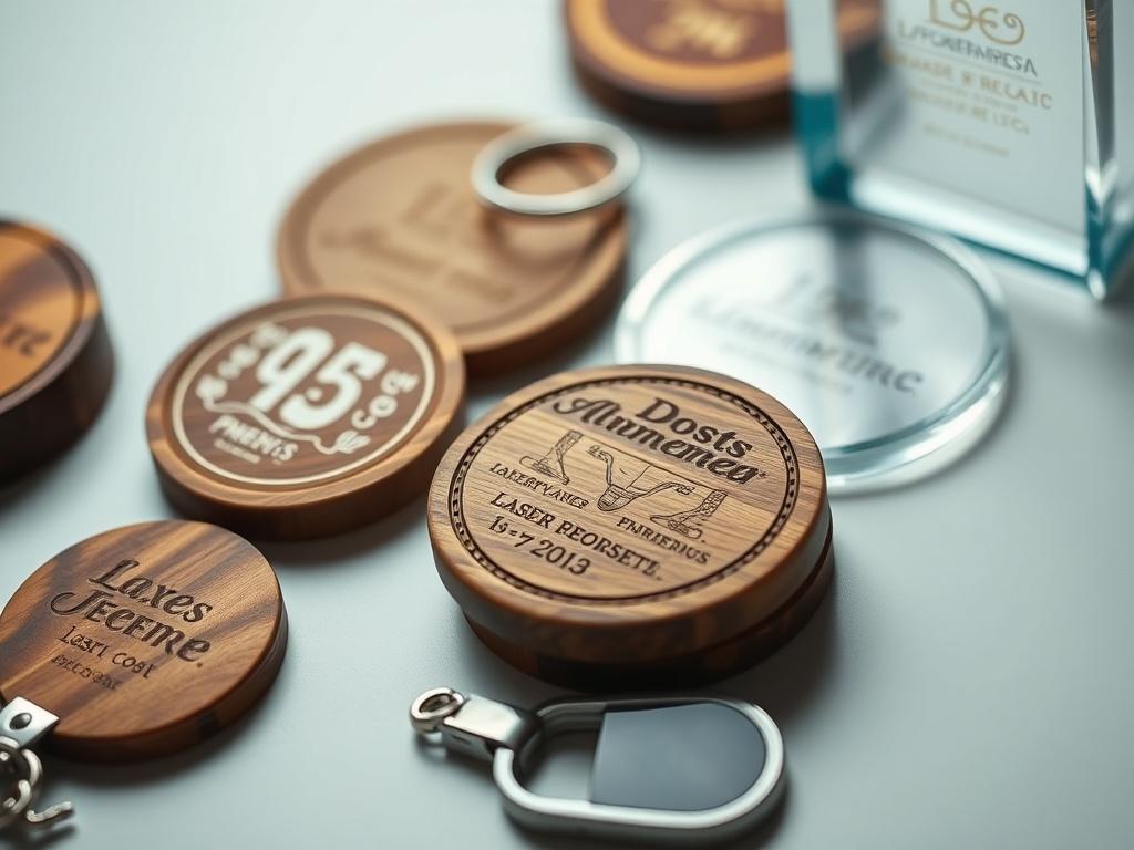 A close up shot of various custom laser engraved items,