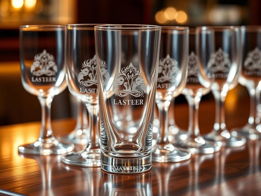 A high resolution close up of an engraved glassware set,