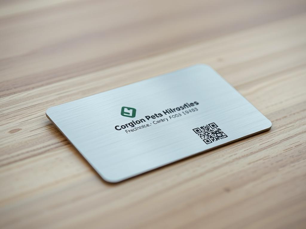 A close-up shot of a sleek, laser-engraved metal business card, displaying a modern design with a company logo and QR code. The card should be positioned on a minimalist wooden surface to emphasize its metallic finish. The background should be softly blurred to highlight the card, capturing the reflective properties of the metal with subtle lighting that enhances its details.
