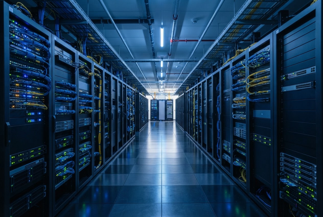 Blue-lit data center aisle with server racks