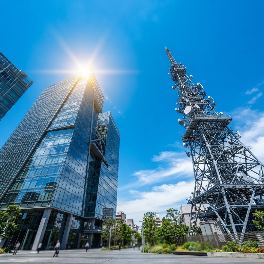 Modern building and communication structure against a blue sky