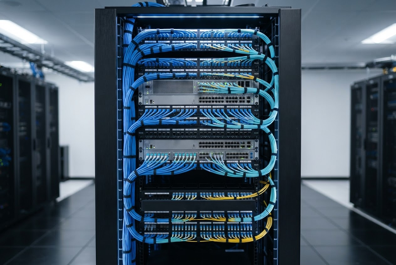 Organized structured cabling inside a network cabinet