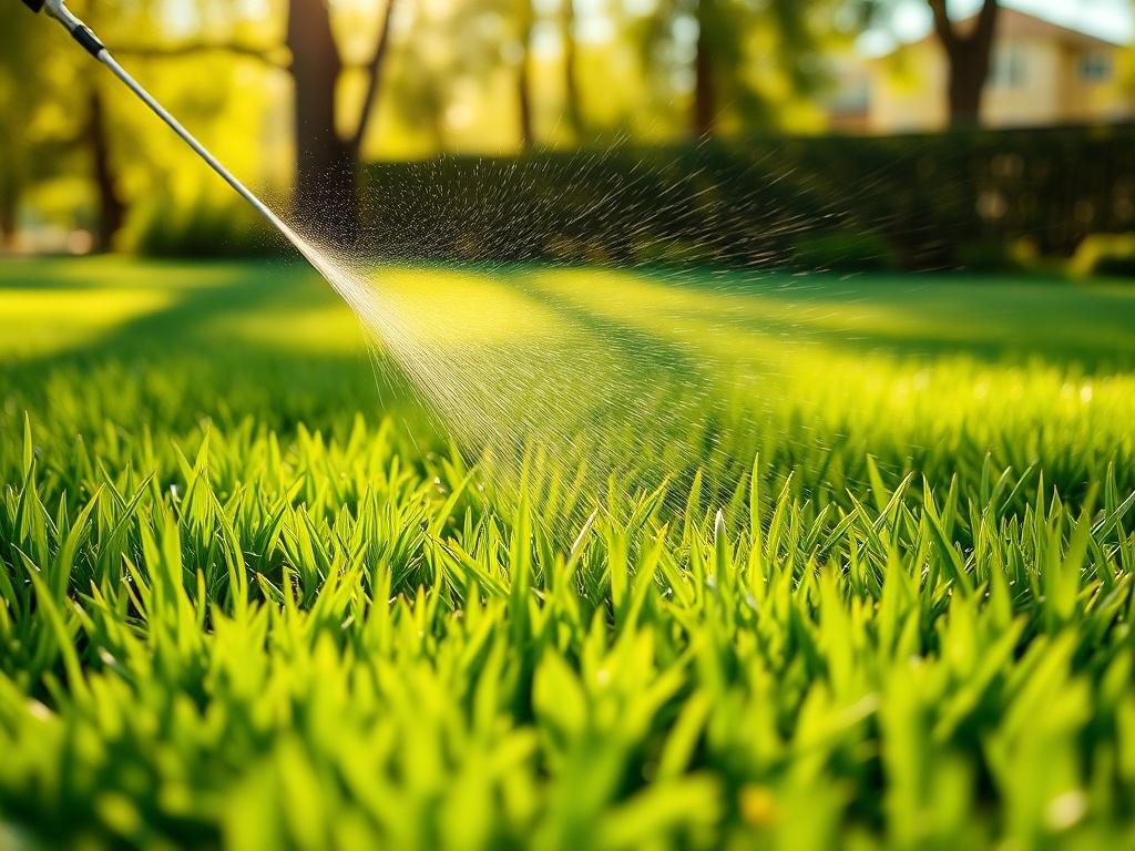 A close-up shot of a lush green lawn being treated with a sprayer, showcasing the application of a pet-friendly deodorizer. The background should be softly blurred, highlighting the vibrant green grass and the sprayer in action, with sunlight filtering through the trees, creating a warm and inviting atmosphere.