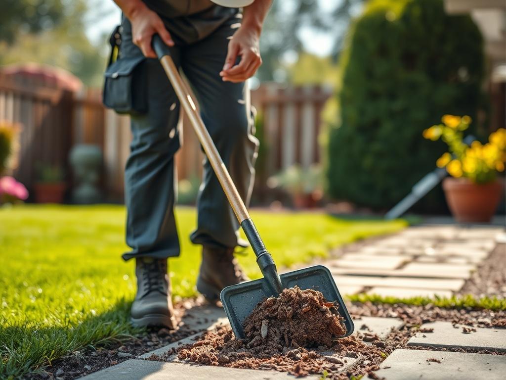 A close-up shot of a professional pet waste removal technician in action, using specialized tools to clean a backyard. The focus is on the technician as they carefully scoop dog waste, with a clean and well-maintained yard in the background. The scene is bright and inviting, showcasing a serene environment. The image should have a hyper-realistic quality, with attention to detail on the technician's focused expression and the tools used.