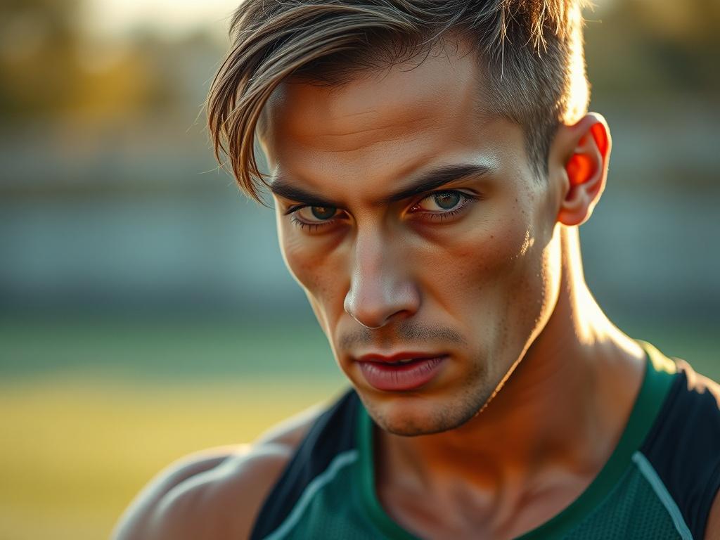 A hyper realistic close up shot of a focused athlete,