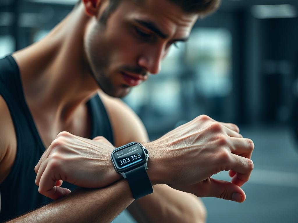 A close up shot of an athlete using a smartwatch