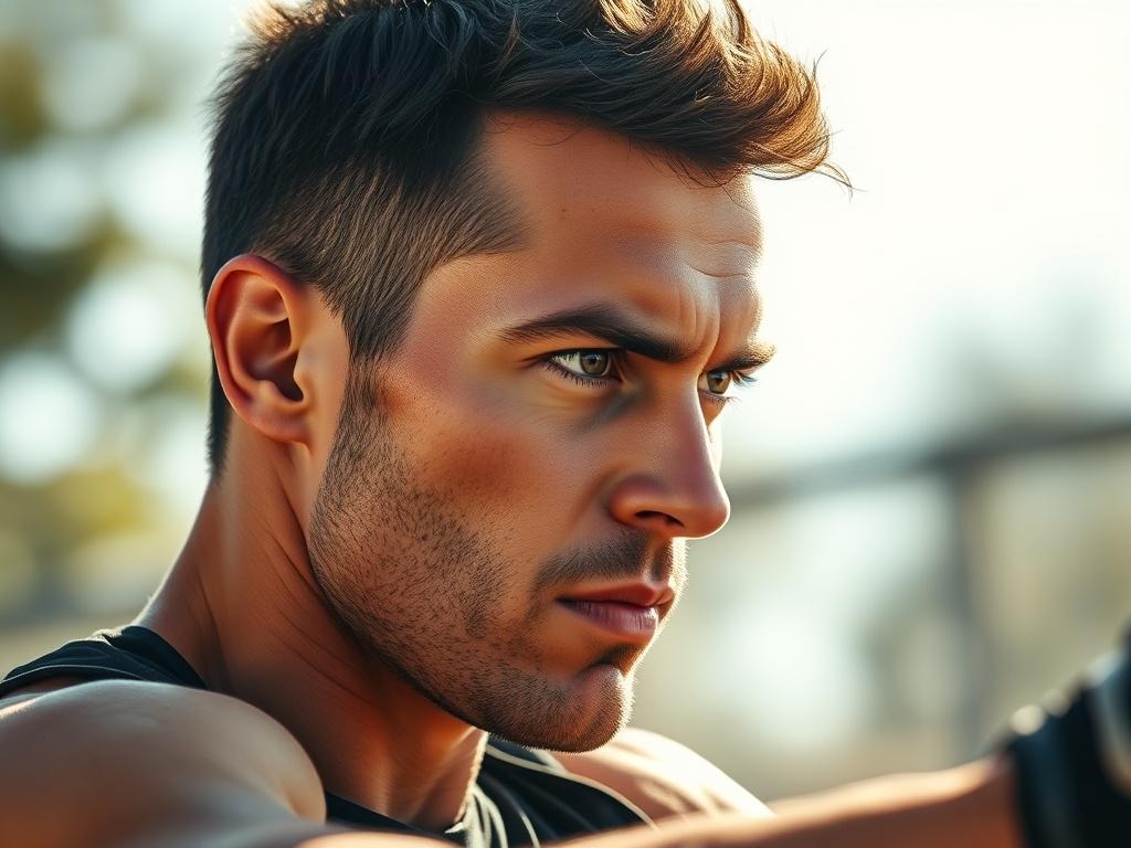 A close up shot of a focused athlete training outdoors,