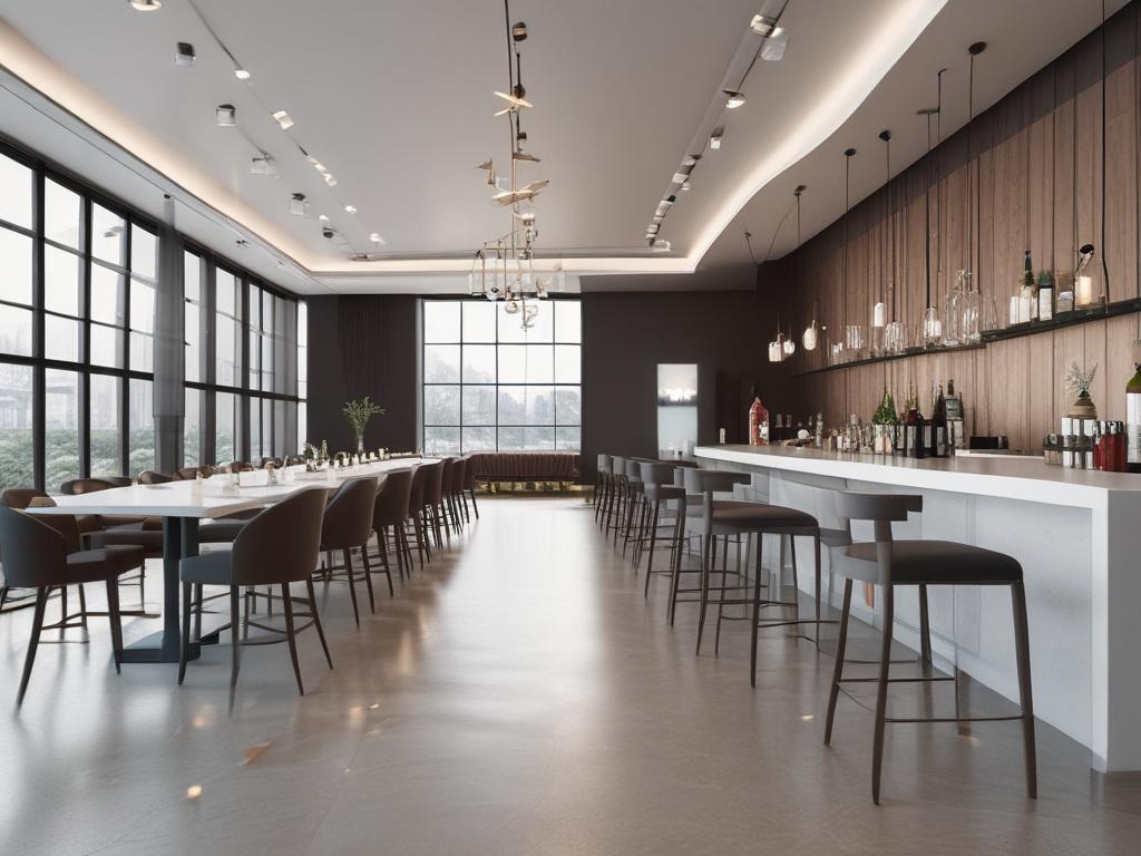 A high resolution image of a modern event venue with people and businesses mingling
