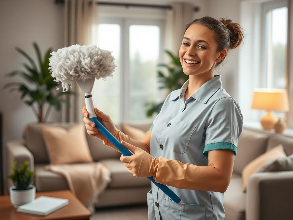 A friendly cleaner using modern cleaning tools in a comfortable home setting. The image should focus on the cleaner joyfully dusting a living room with warm lighting, showcasing a tidy and welcoming home atmosphere. The cleaner should be wearing a neat uniform and smiling, reflecting professionalism and friendliness. The background should include cozy furniture, plants, and a clean environment, emphasizing the feeling of a well-maintained home.