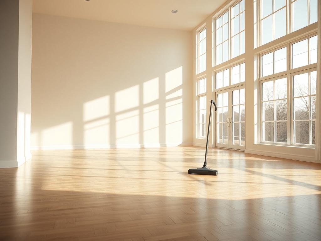A spacious empty house interior, showcasing a bright and clean environment ready for deep cleaning. The focus is on the open living area with sunlight streaming through large windows, highlighting dust-free surfaces and gleaming floors. A professional cleaning equipment, like a vacuum cleaner or mop, is subtly placed in the corner, emphasizing the idea of a thorough cleaning process. The walls are painted in soft, neutral colors, creating a welcoming atmosphere. The scene should have a hyper-realistic quali