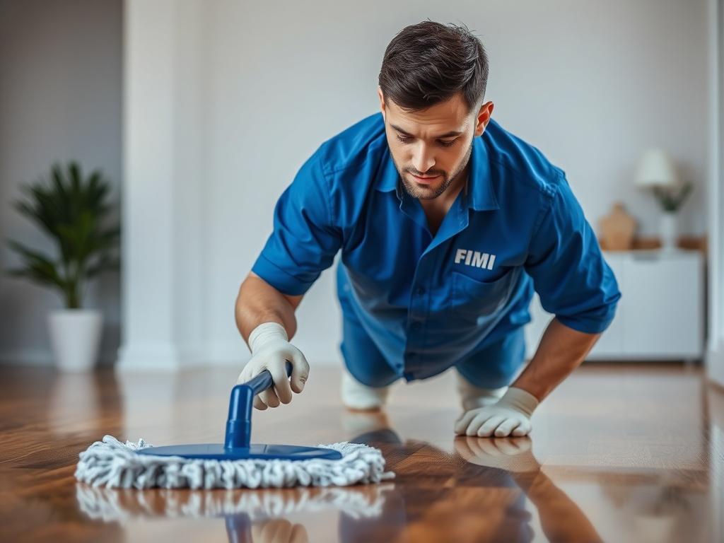 A cleaner mopping a shiny wooden floor, wearing a blue branded shirt with 'FIMI' logo on the left breast side. The cleaner is focused and professional, with a determined expression. The background shows a well-lit room with minimalistic decor. The composition is simple and clear, showcasing the cleaner as the main subject. The high-resolution image captures the details of the shirt and the shine of the floor.